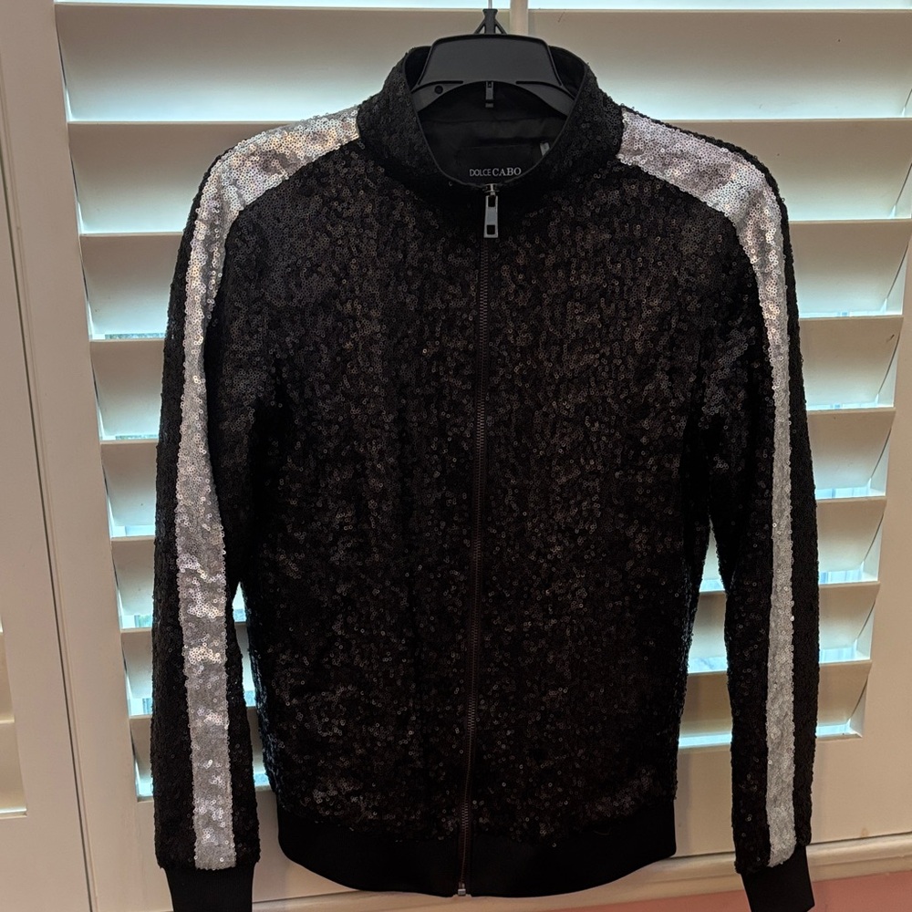 Dolce Cabo Men's Black Zip-Up Sweater with Silver Highlights